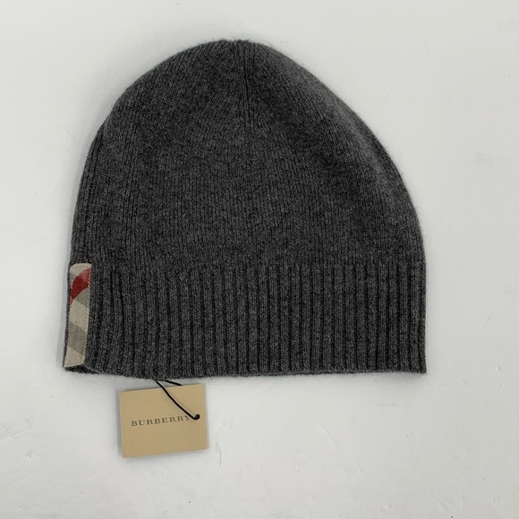 Burberry Cashmere gray knitted beanie hat cap stretch Nova check plaid trim new - Picture 1 of 4